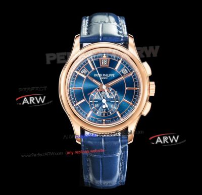 Swiss Replica Patek Philippe Complications Annual Calendar Blue Dial Rose Gold Watch
